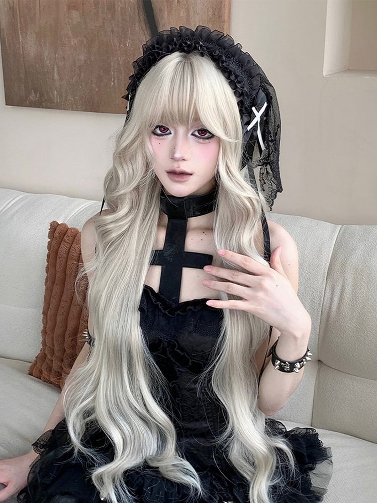 90cm Synthetic Bangs Long Blonde With Full Wig Wavy Light