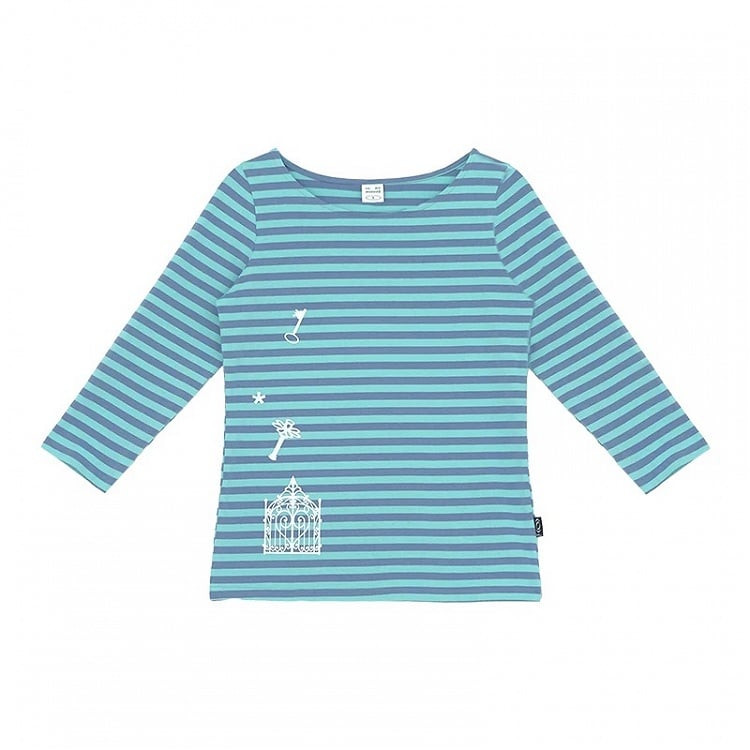 Blue Striped Wide Round Neck Long Sleeve T-shirt with Key and Iron Gate Print - innomoood