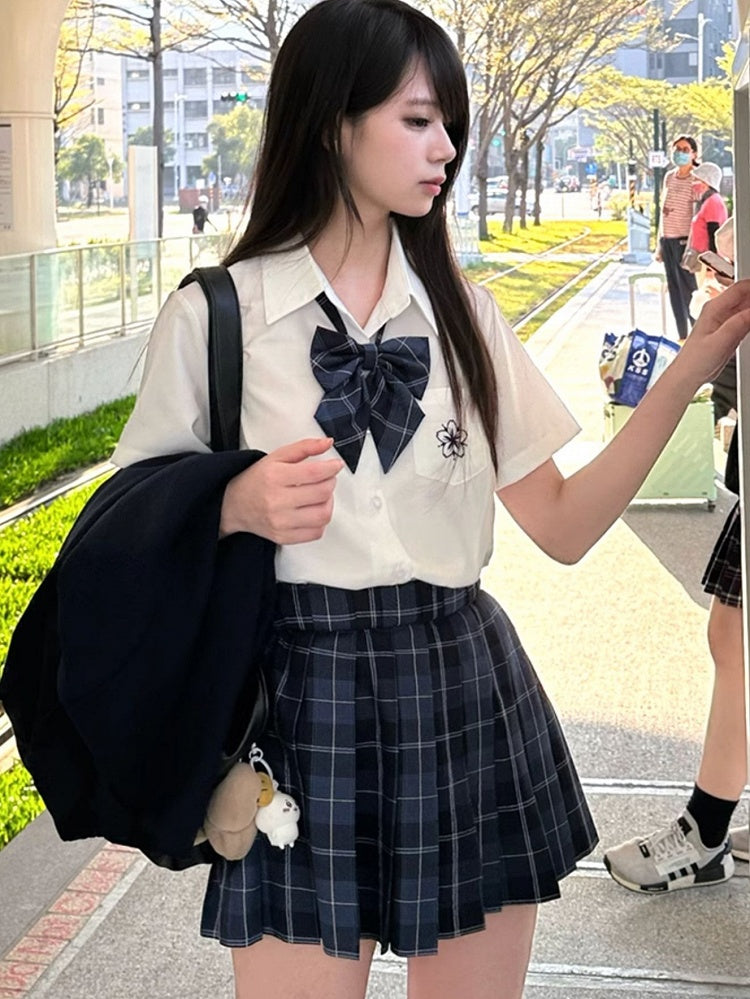 Preppy Sakura Shirt Embroidery Style White/Gray/Blue