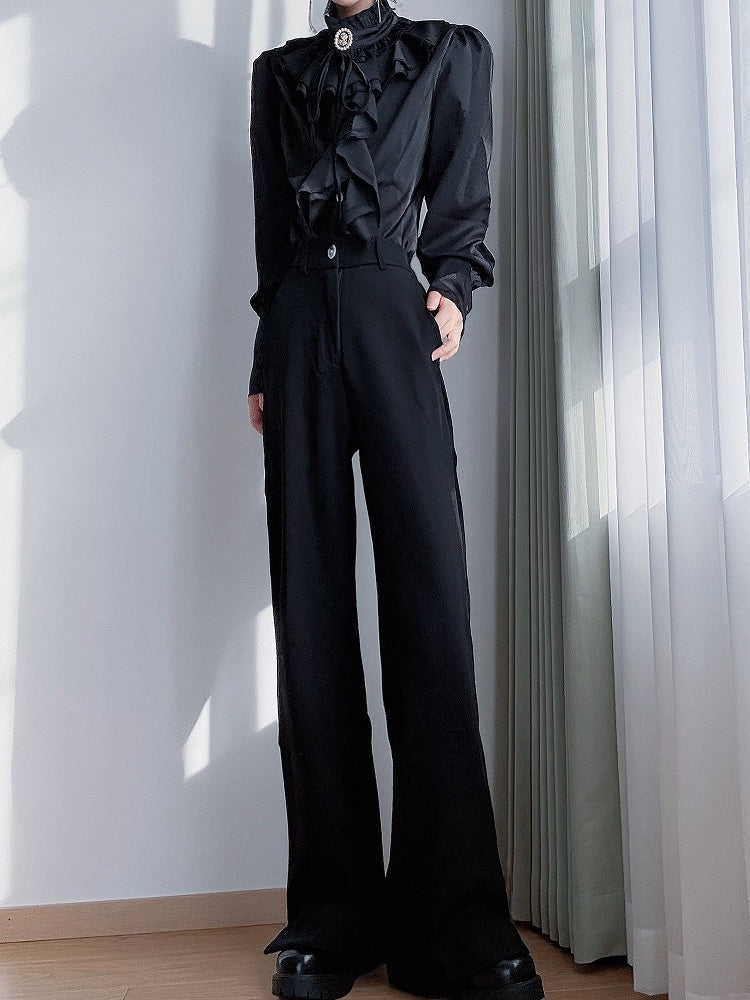 Cascading Ruffles Jabot Blouse – Leg-of-Mutton Sleeves + Brooch | ROAE