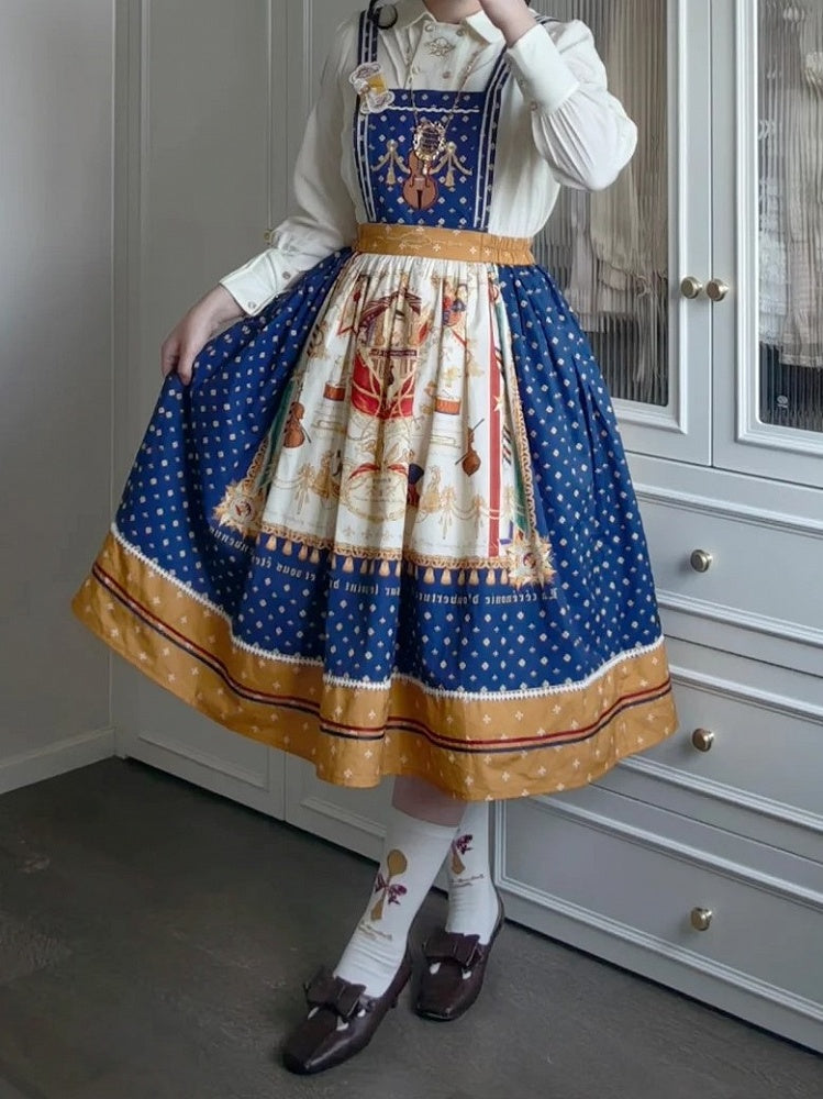 Dark Blue Musical Print Overall Dress with Detachable Straps - Crucis Universal Tailor Company