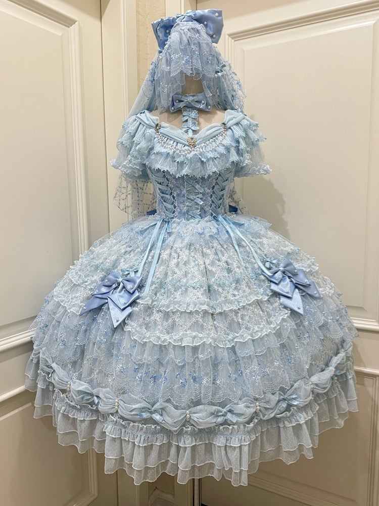 Accents with Lace Hime Blue Bow Dress and Lolita Multi-layer Bead