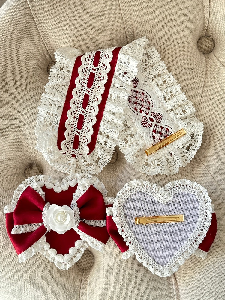 Lace Heart-Shaped Red White Detachable Hairclips Hairband with
