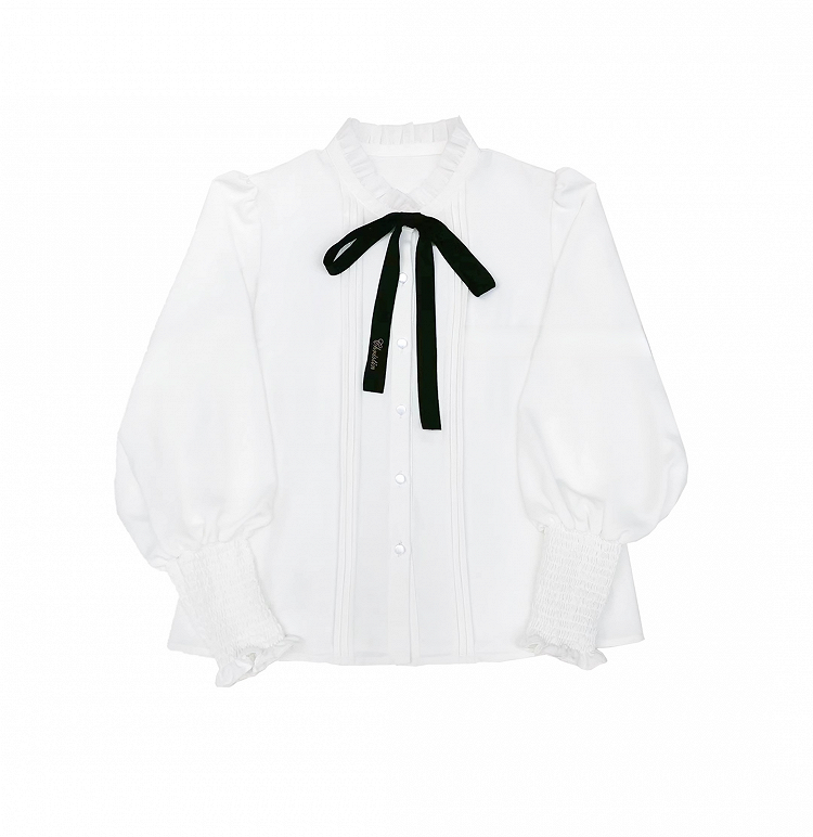 Details Bishop White Ruffle Sleeves Chiffon Blouse with Pleating Neckline