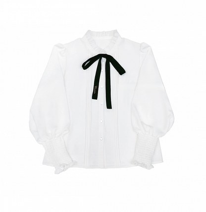 Details Bishop White Ruffle Sleeves Chiffon Blouse with Pleating Neckline