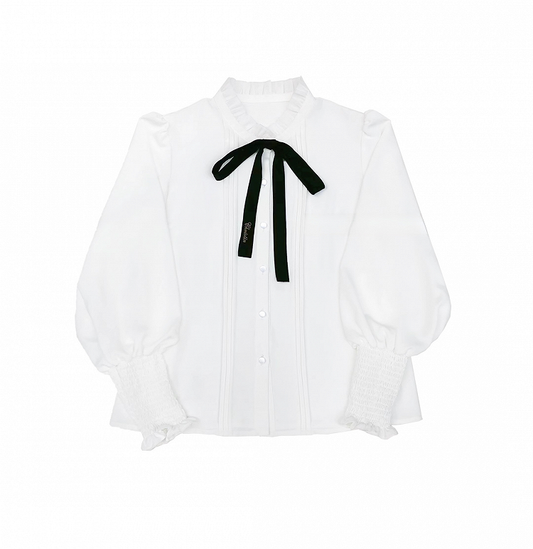 Details Bishop White Ruffle Sleeves Chiffon Blouse with Pleating Neckline