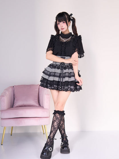 Lace Tiered Kei Style Plaid Skirt: Jirai Black Trim