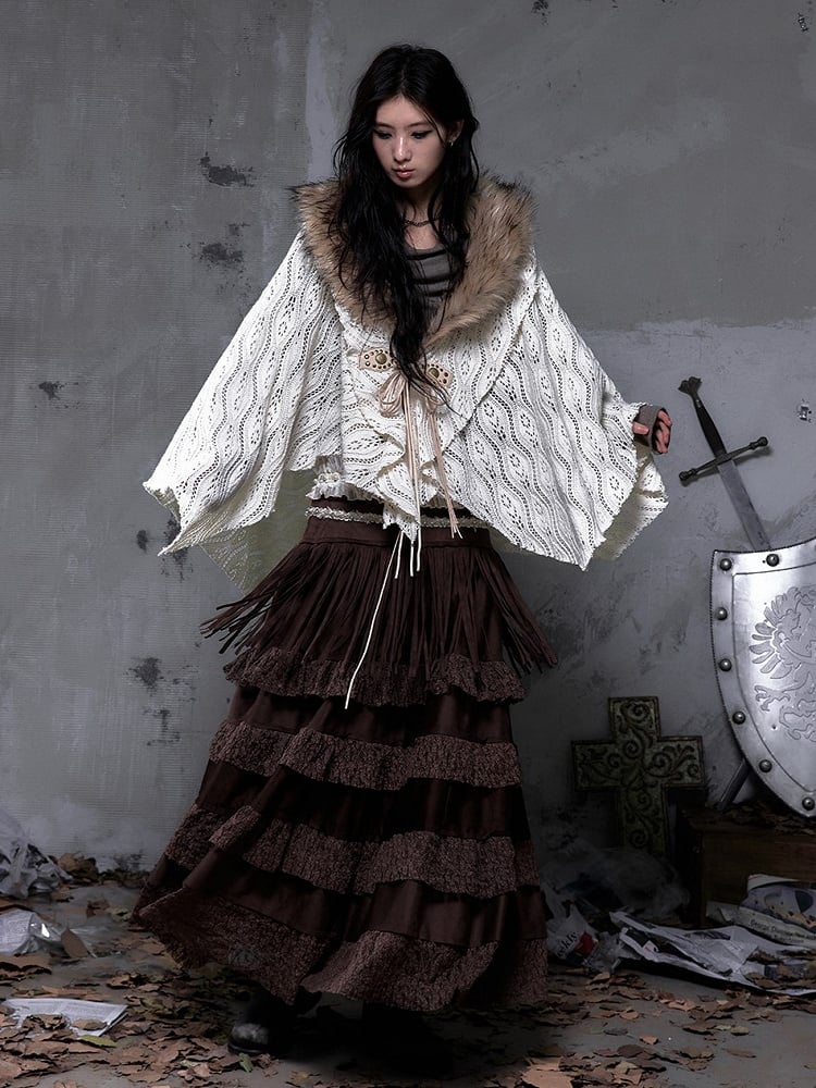 with Layered Trim Waist Ribbon Skirt Vintage Brown Lace Bohemian Suede Bead