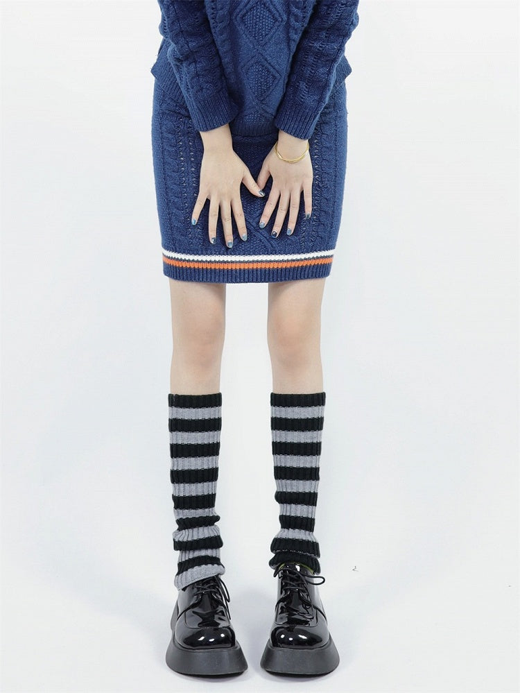 Gray 45cm Leg Warm Striped Knit Black Warmers