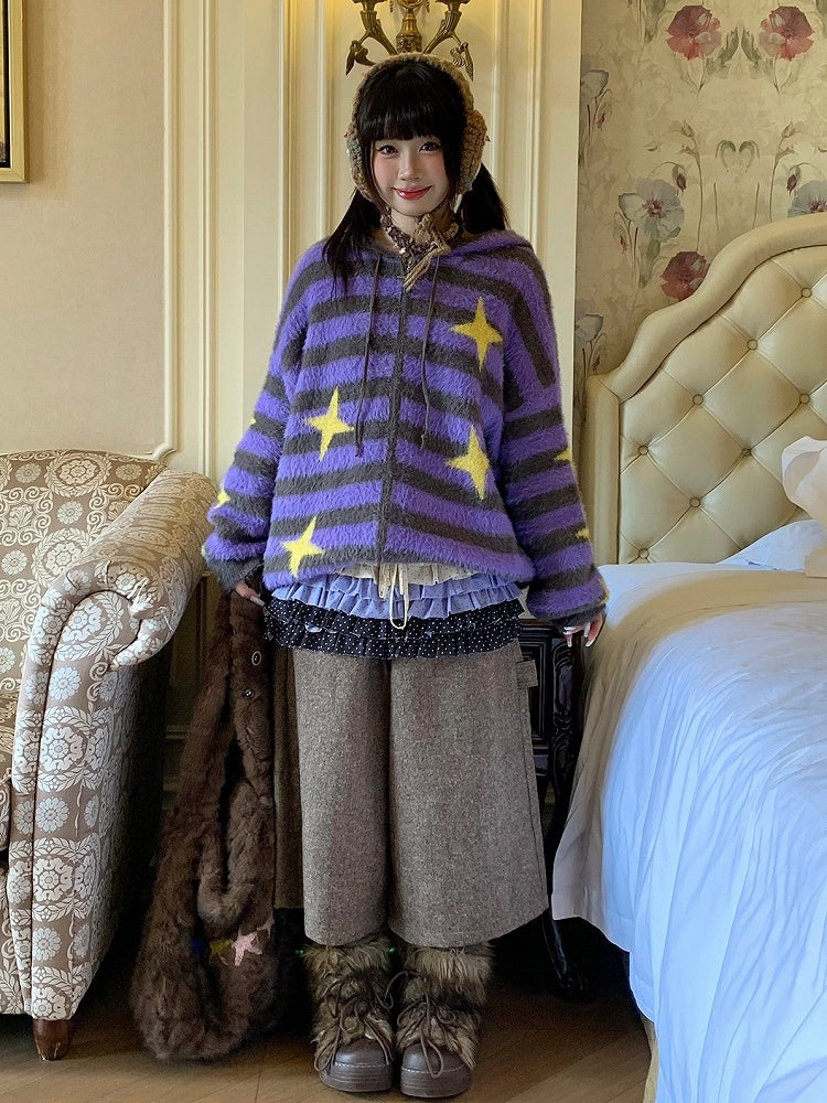 Stripe with Purple Pattern Star Zip-up Y2K Knit Jacket