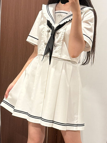Pleated Sleeves White Navycore JK + Collar Short Skirt Uniform Sailor Set- Top