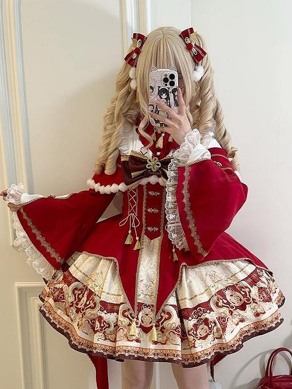 with Gold and Red Details Sleeves Dress Embroidery Tassel Chinoiserie Lolita Bell Beige
