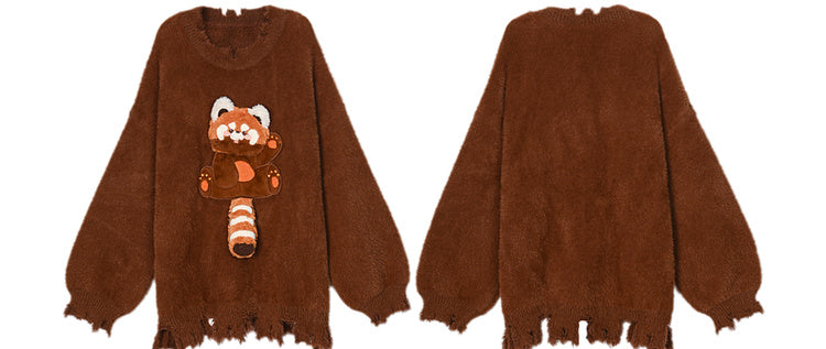 Brown Cute Red Panda Adorned Distress Trim Loose Sweater