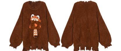Brown Cute Red Panda Adorned Distress Trim Loose Sweater