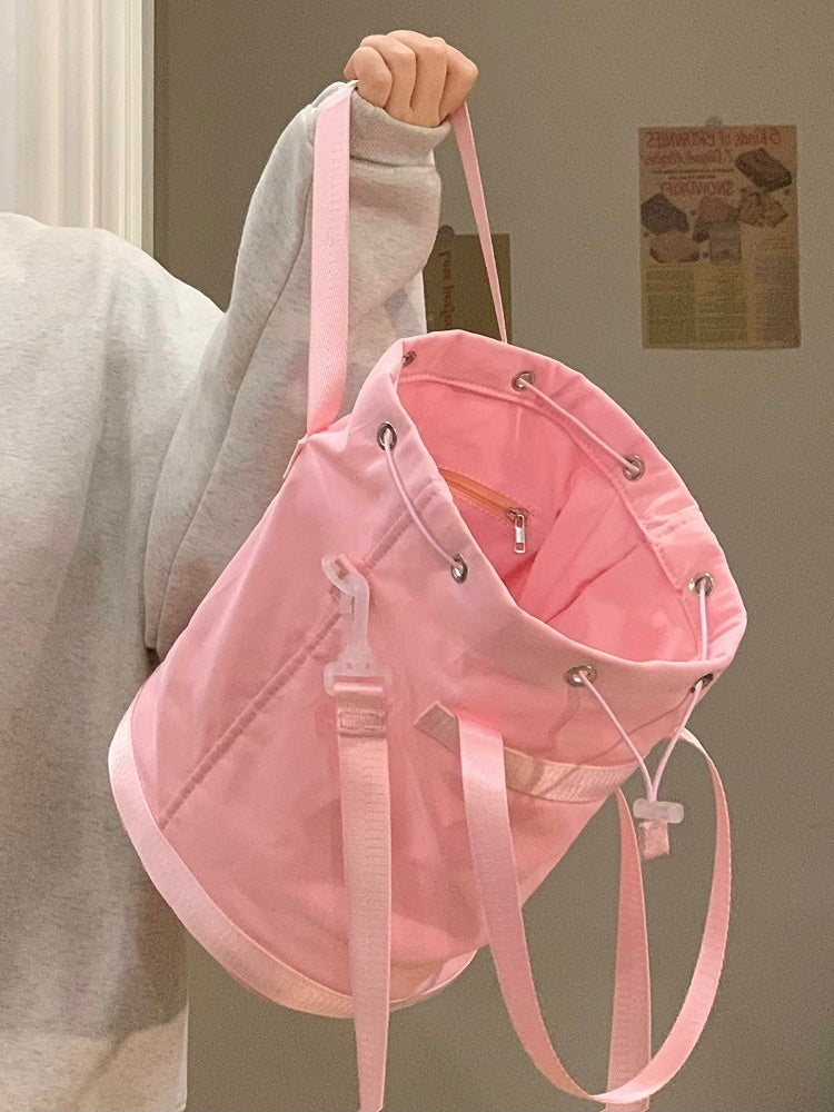 Capacity Kawaii Style Large Pink Drawstring Bucket Bag In Deamy
