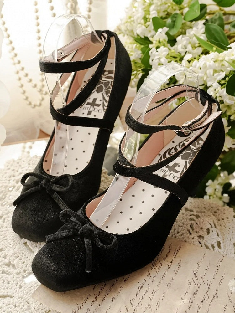 Black Top High-heel Square Design - Toe Ballet Shoes Crisscross Bow at