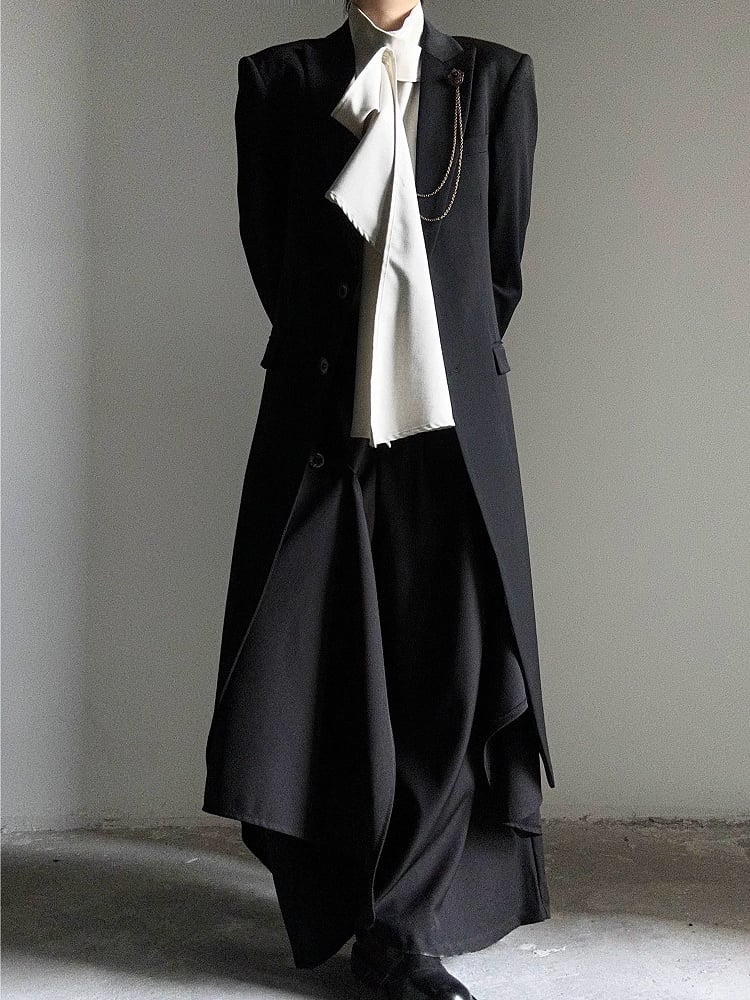 Black Structured Long Trench Coat with Notch Lapel