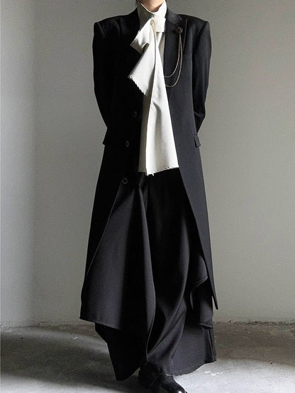 Black Structured Long Trench Coat with Notch Lapel