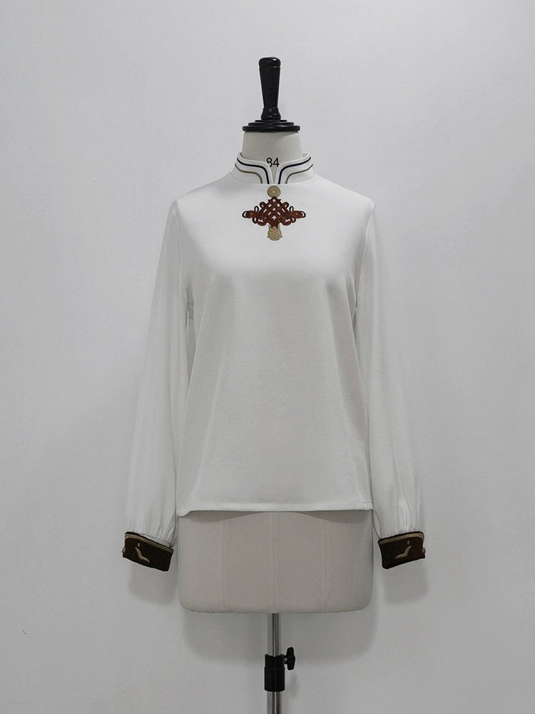 Ouji Fashion – Weißes Oberteil mit Stehkragen und chinesischen Knoten und langen Ärmeln