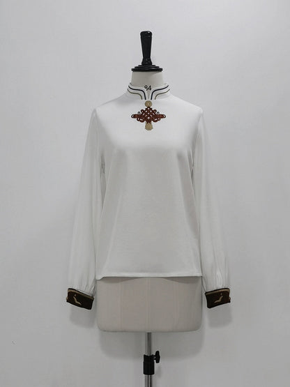 Ouji Fashion – Weißes Oberteil mit Stehkragen und chinesischen Knoten und langen Ärmeln