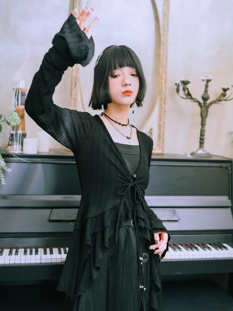 Ärmel Saum Stil Asymmetrische Schwarz Layered Cardigan Gestrickte Cheongsam Glocke