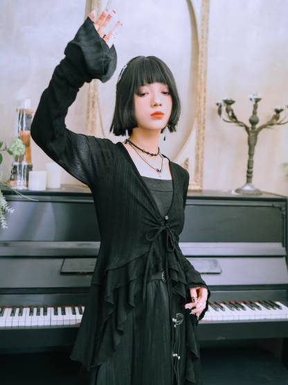 Ärmel Saum Stil Asymmetrische Schwarz Layered Cardigan Gestrickte Cheongsam Glocke