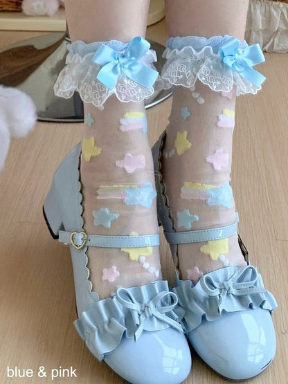 Sheer Ankle Socks with Bow Lace Trim & Star Decoration, 7 Colors - ROJI ROJI