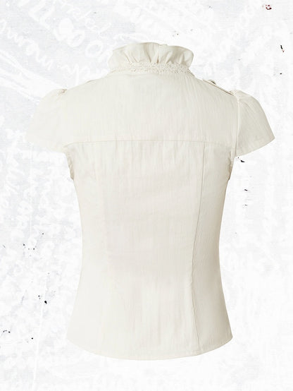 Punk Faux Two-Piece Short Sleeve Blouse in White with Lace and Ruffle Accents - NO ROMANCE