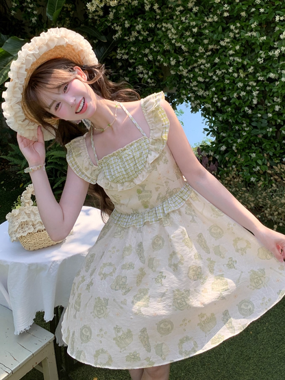 Kei グリーン チェック柄 フラッタースリーブ ホルターネック ドレス ライトカートゥーンプリント モリ