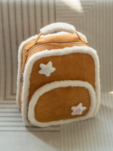 Warmy Large-Sized Brown Backpack With Plush Trim Style In Kawaii