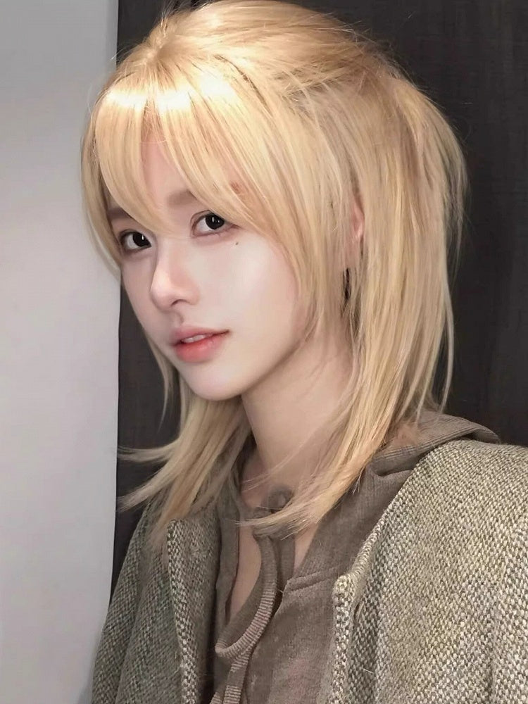 Blonde/Black 45cm Long Straight Wig with Curtain Bangs - Hui Ran