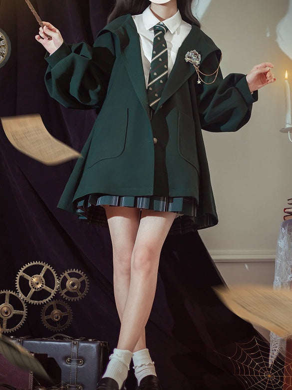 Green for Winter Autumn Regular/Thicken Hooded Coat Vintage Preppy Version Dark