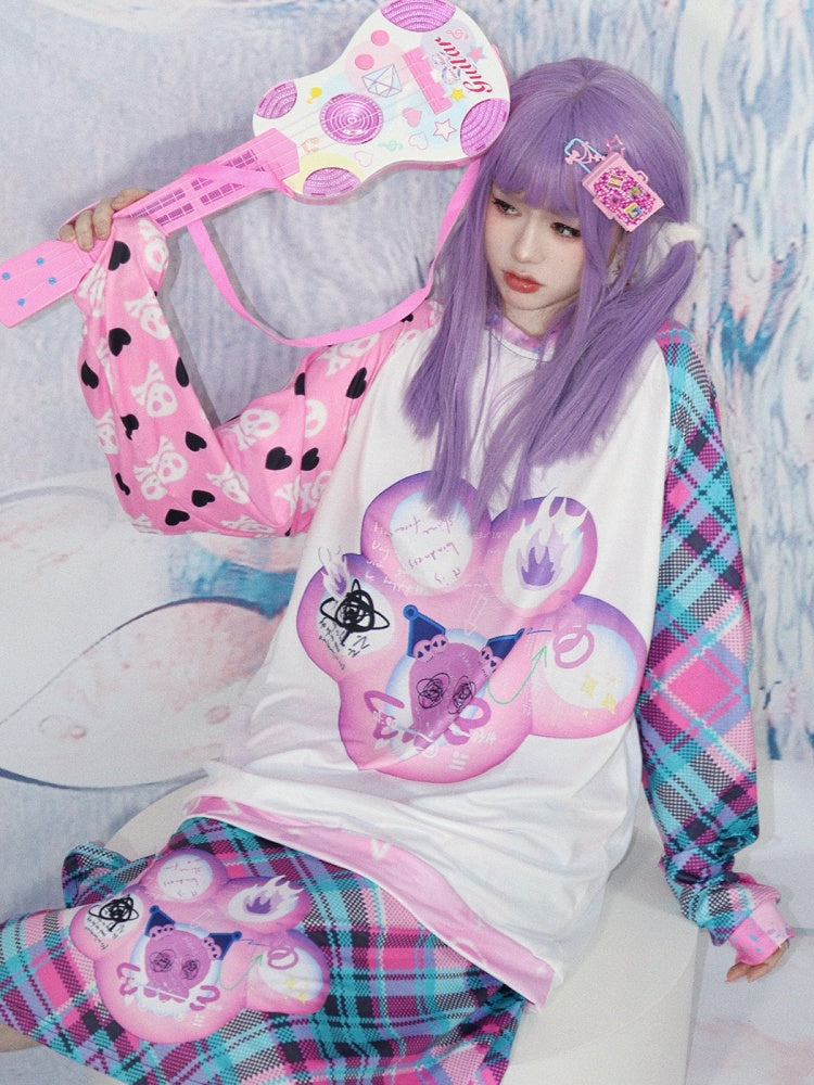 Claw Cat Heart Long And Print Sleeves Plaid Pattern Skeleton Top Y2K White