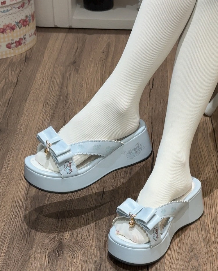 Top at Bow Lolita Slippers Platform Blue Wa Strawberry Print