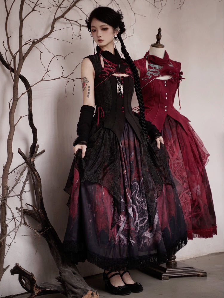 Black Gothic Dragon Embroidery Sleeveless Top Cutout Detail