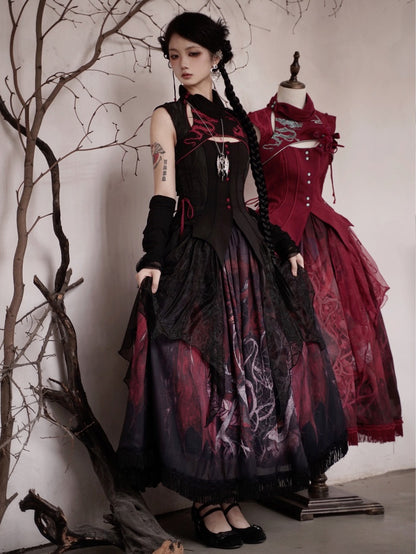 Black Gothic Dragon Embroidery Sleeveless Top Cutout Detail