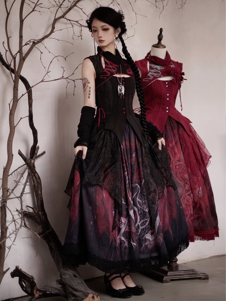 不規則な刺繍オーバーレイ付きブラックドラゴンスカート