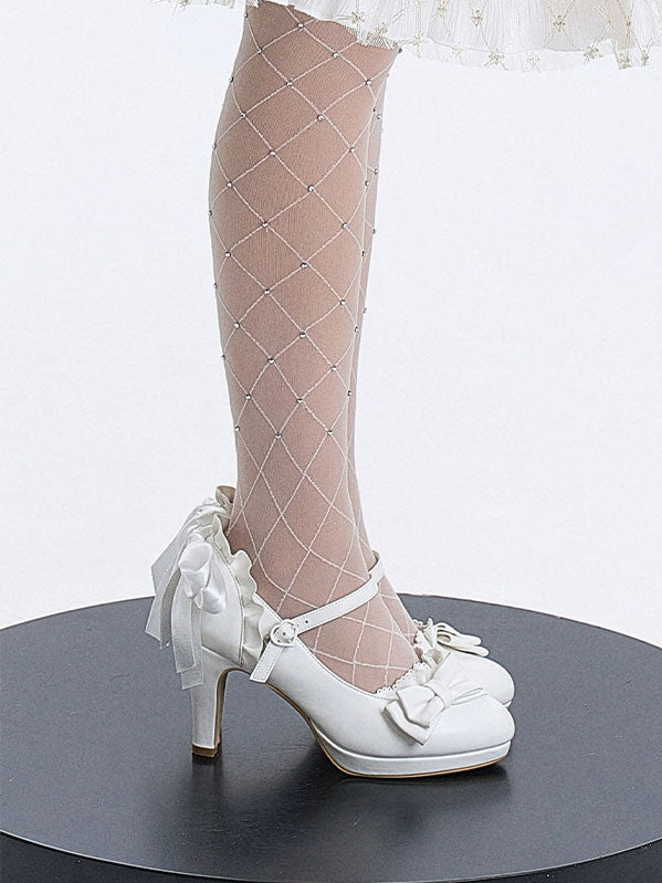 Ruffles Bow Elegant - White at Heel Shoes Top Trim High