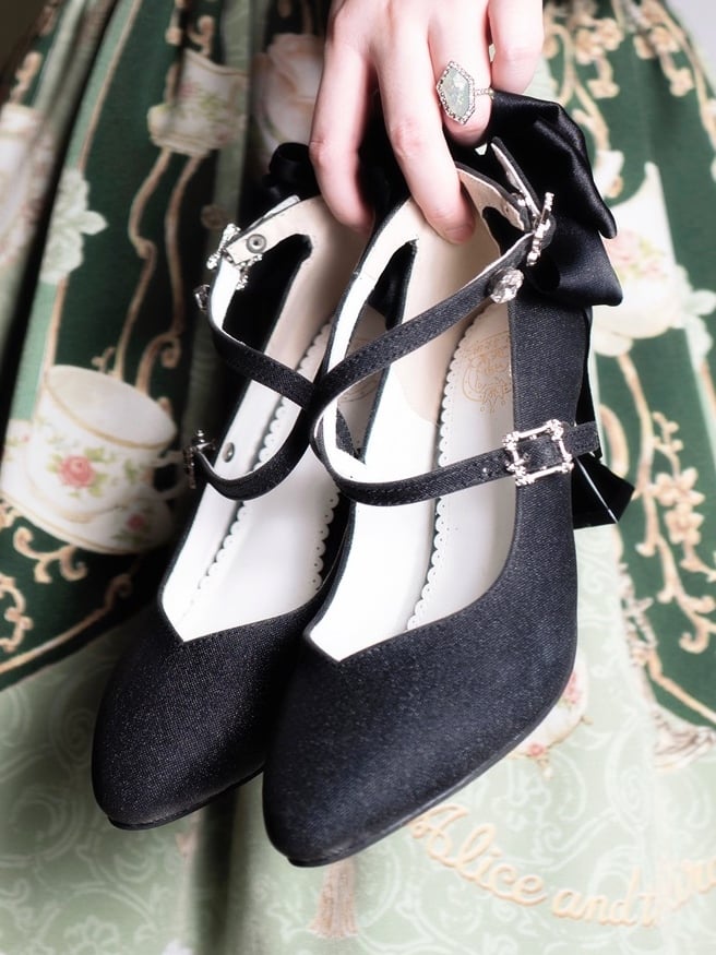 Elegant Bow Upper Glittered Back and Crystal Straps - Lolita with Stilettos Crisscross Pointed Toe Black