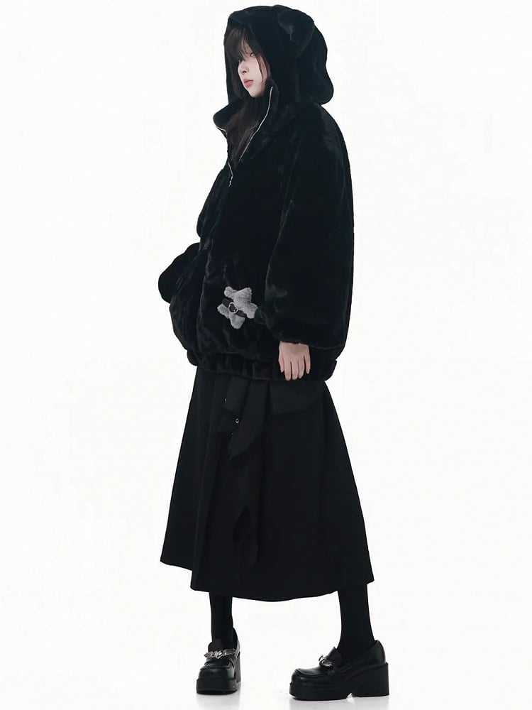 Hooded with Bear Ear Plush Embroidery Black/White Buckle Strap and Lined Pin Accents Coat