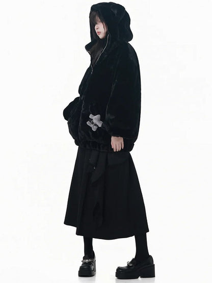 Hooded with Bear Ear Plush Embroidery Black/White Buckle Strap and Lined Pin Accents Coat