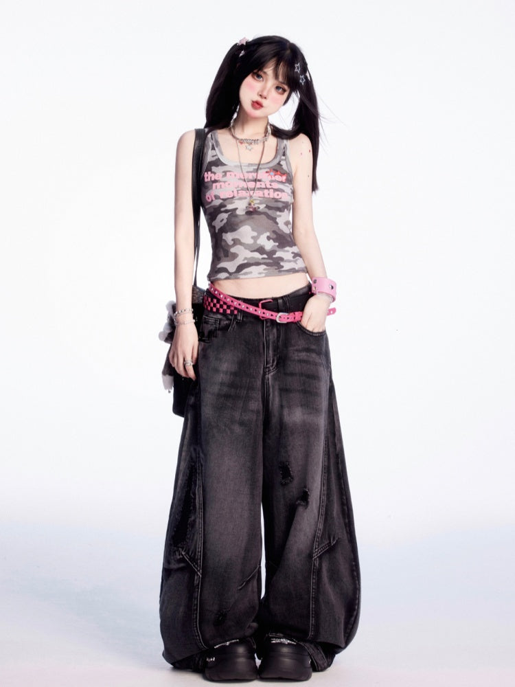 ヴィンテージウエスト、ダメージ加工、穴あきブラック、ローカット、ワイドレッグジーンズ