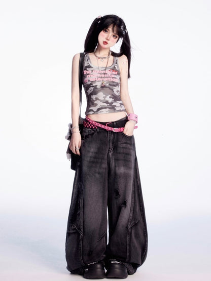 Tank Top Camouflage Buchstabendruck Slim Fit Vintage