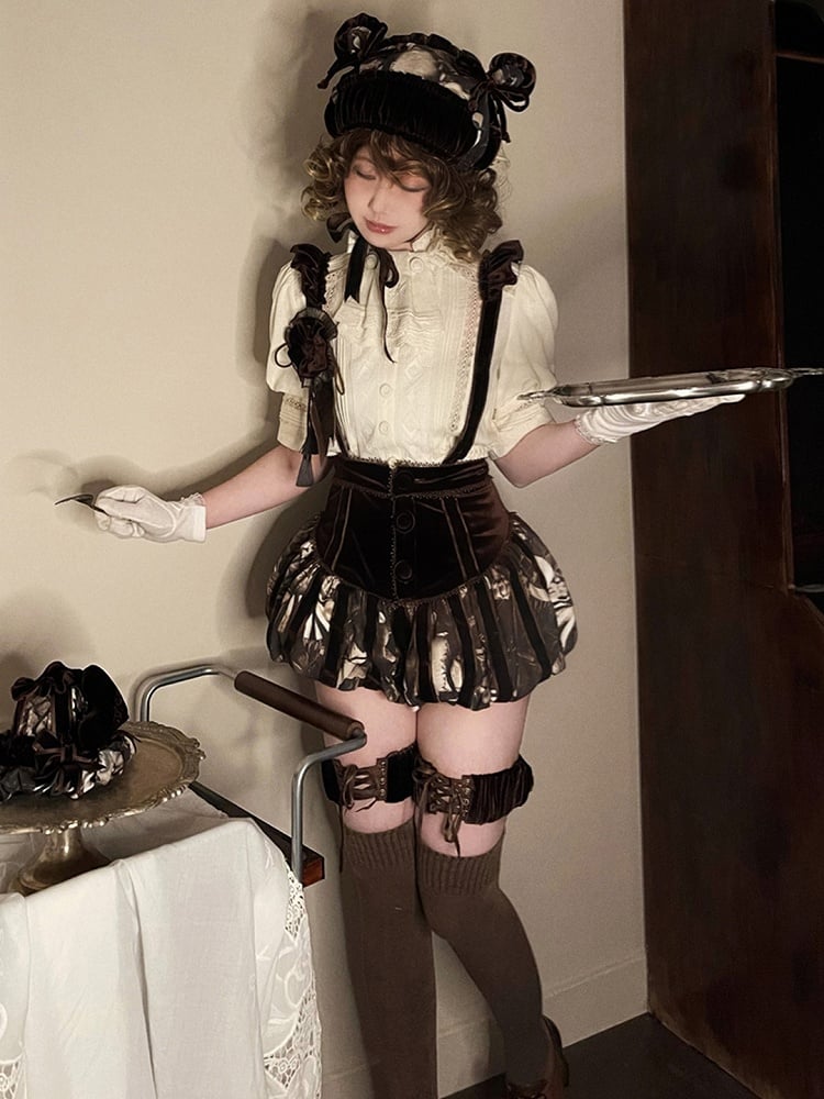 Shoulder Ruffled Gothic Straps with Brown Lolita Printed Bloomers