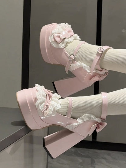 Sweet Trim Pink Lace High-heel Lolita Janes Heart Decor Mary Top Bow with