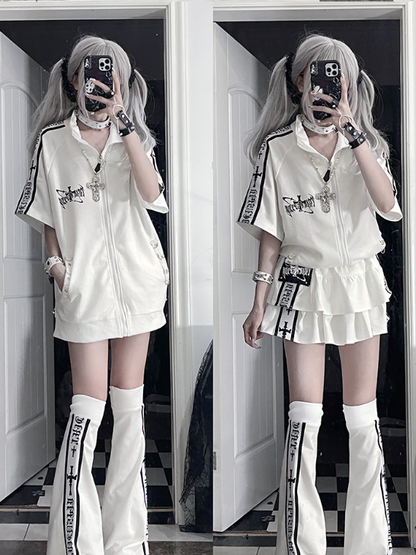 with Jacket Short Cross White Stripes Zip-Up Punk Text Sleeve Print Black