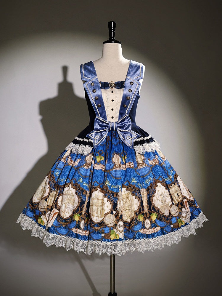 Italian Travel Motif Navy JSK Lolita Dress with Metal Button & Bow Accents - Alice Girl