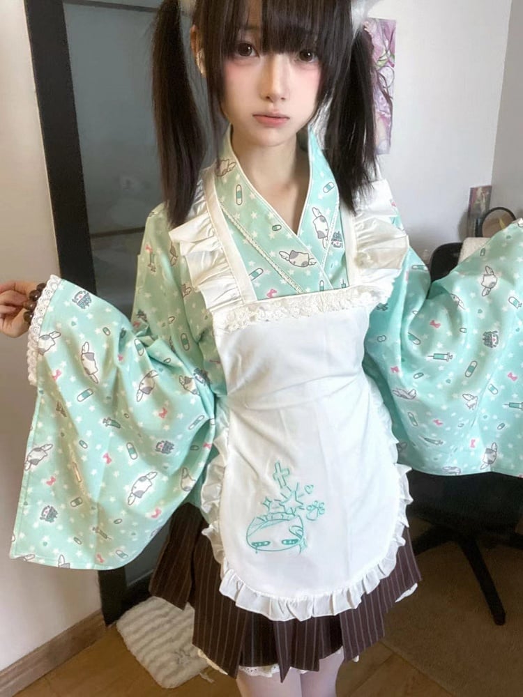 Wrap Set: 3-Piece Top Kimono Green Style Mint Maid-Inspired