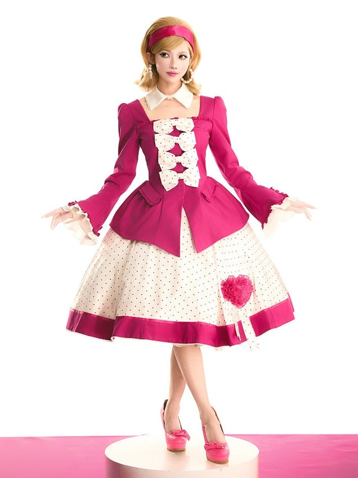 Retro Pink Blazer & Polka Dot Skirt Ensemble with Bow Accents and Detachable Collar - Charing Cross