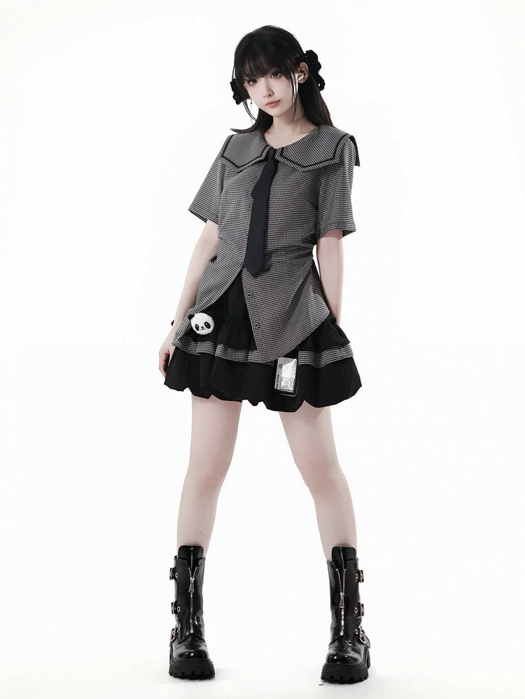 Bow Back Black Square Collar Self-tie Plaid Blouse with Necktie